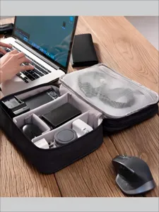 Multi-functional digital storage bag with compartments for electronic accessories, cables, and chargers.
