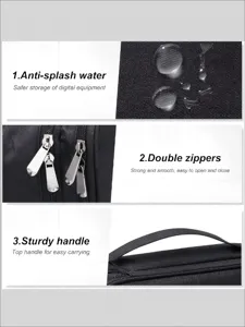 Water-resistant tech storage bag detail showing durable double zippers and sturdy top handle.