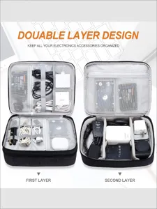 Double layer electronics organizer detail view showing mesh pockets and elastic cable slots.
