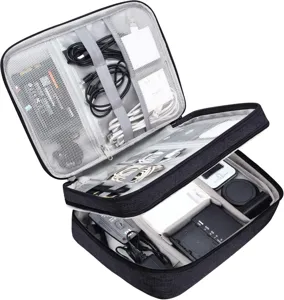 Detailed view of multi-layer electronics organizer pouch interior with mesh pockets.