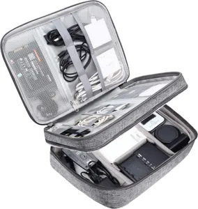 Grey double layer electronics organizer bag detail view with cable slots and mesh pockets.