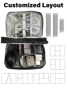 Multi-functional electronics organizer bag with customizable layout and adjustable dividers.