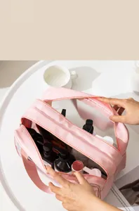 Borsa cosmetica rosa a doppio strato grande capacità organizer impermeabile per viaggi