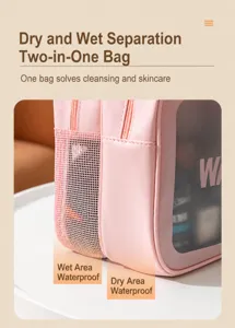 Borsa cosmetica rosa a doppio strato con tasca in rete e finestra trasparente per articoli.