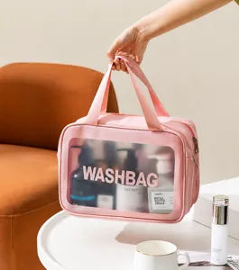 Borsa cosmetica portatile a doppio strato rosa con finestra trasparente, grande capacità.