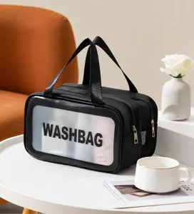 Vista dettagliata della borsa da toeletta nera a doppio strato con finestra trasparente.