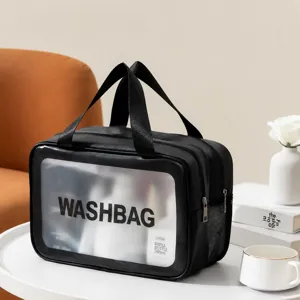 Borsa da toeletta impermeabile a doppio strato, organizer cosmetico trasparente portatile da viaggio.