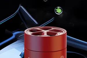 Detailed view of solid car air freshener in red container, long-lasting fragrance for vehicle.