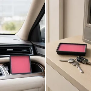 Solid car air freshener with black frame and pink wax for long lasting freshness and odor removal.