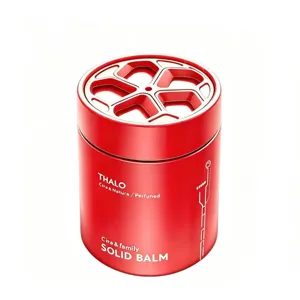 Solid car perfume balm with hollow metal lid, long-lasting fragrance air freshener for vehicle.
