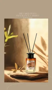 Detail view of reed diffuser bottle with amber glass and black sticks for home aroma