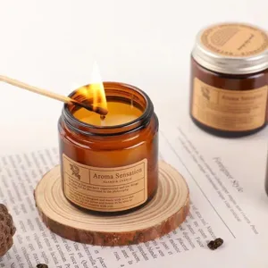 Scented candle in brown glass jar for home aromatherapy relaxation and bedroom romantic sleep mood