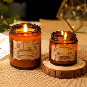 Aromatherapy scented soy wax candle in amber glass jar for relaxing sleep and home decor.