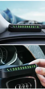 Detalle de placa de estacionamiento temporal, diseño negro con dígitos verdes brillantes visibles.