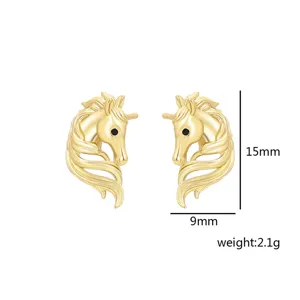 Gold-plated horse head stud earrings for women, elegant animal design jewelry, size 15x9mm