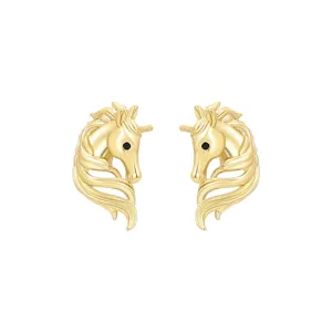 Gold horse stud earrings for women, minimalist chic copper alloy animal design jewelry main view.
