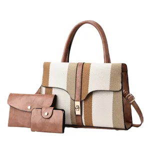 Ensemble de sac à main rayé vintage en cuir PU sac bandoulière avec petits portefeuilles