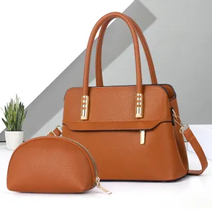 Bruine PU leren dames handtas set met portemonnee grote capaciteit schoudertas detail