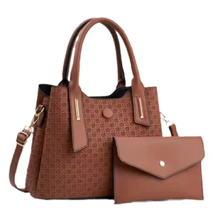 Stylish brown woven texture handbag and matching clutch set, large capacity shoulder bag for women