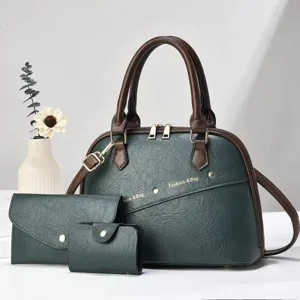 Elegante juego de bolso para mujer en verde oscuro de tres piezas con monedero y tarjetero.