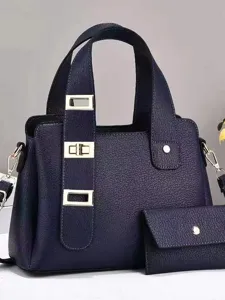Sac a main classique en cuir bleu marine pour femme avec pochette assortie, elegante sacoche.