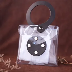 Detailed view of the clear PVC mask storage pouch with black leather handle and snap button.