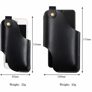 Vintage leather phone holster waist bag featuring detailed size dimensions and weight specifications.