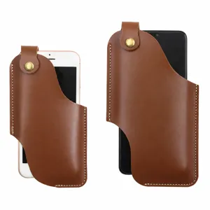Vintage leather phone holster with belt loop, portable retro pouch for outdoor daily use.