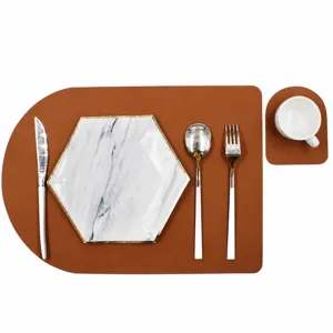 Leather placemat detail view with modern Nordic design, waterproof and heat resistant tabletop decor.