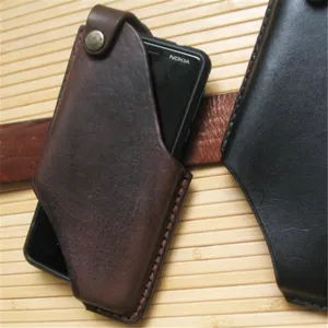 Vintage leather phone holster for belt, portable outdoor mobile pouch, durable everyday carry.