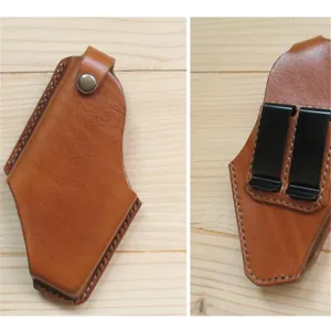 Vintage brown leather phone holster detail showing metal snap button and dual back clips.