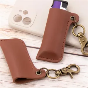 Leather lighter protective case vintage portable lighter cover with metal keychain hook detail view