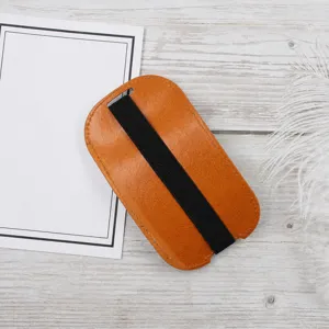 Brown PU leather mouse storage sleeve with black elastic band for wireless mouse