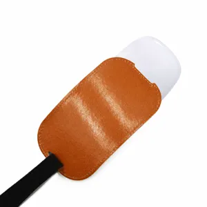 Brown PU leather mouse sleeve with elastic band, protective storage case for wireless mouse.