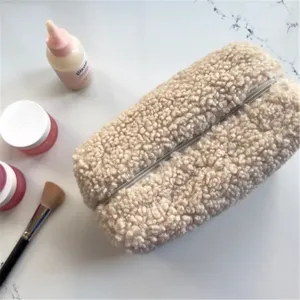 Beige teddy fleece makeup bag large capacity fluffy toiletry pouch portable cosmetic organizer