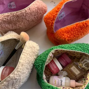 Fluffy teddy fleece cosmetic bag large capacity portable makeup storage pouch for women and girls