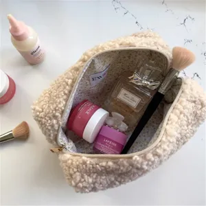 Beige teddy fleece makeup bag large capacity plush toiletry pouch cosmetic storage organizer