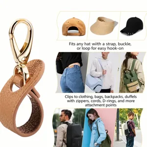 Leather hat clip for travel and backpack hook detail showing multi-scenario usage and wearing.