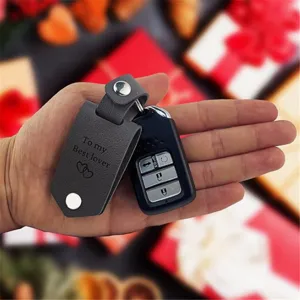 DIY leather keychain with custom text engraving, premium PU material, durable metal snap button.