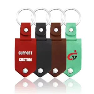 Leather photo keychain detail view, colorful leather holder with metal ring and snap button.