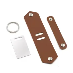 DIY photo keychain blank set with brown leather strap, metal snap buttons, split ring and plate.