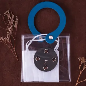 Transparent PVC mask storage pouch detail showing blue leather handle and snap button closure.