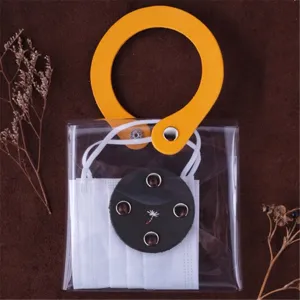 Transparent PVC mask storage bag with yellow leather handle and black dandelion holder detail.