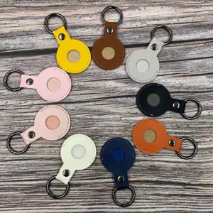 Leather protective case for AirTag tracker, colorful round key ring holder loop accessory.