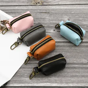 Leather dog waste bag dispenser portable pet garbage bag holder with metal hook key chain black