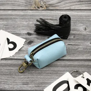 Leather dog waste bag holder dispenser portable pet poop bag case with metal hook.