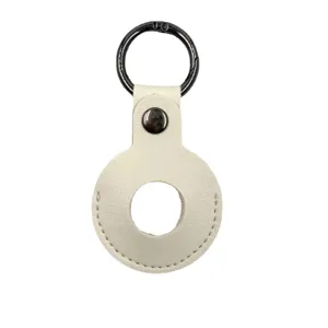 White leather protective case keychain for tracking device, elegant minimalist design loop holder.