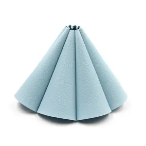 Light blue pleated leather camping lampshade detail, portable outdoor tent light cover.