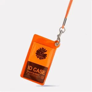 Orange transparent PVC ID card holder with lanyard, badge holder for office and exhibition.