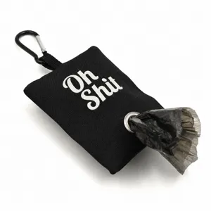 Black canvas pet waste bag dispenser with carabiner and portable dog poop bag holder pouch.